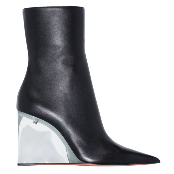 Amina Muaddi Pernille Half Glass Black Leather Clear Wedge Heel Ankle Boot 38.5 - Picture 1 of 13